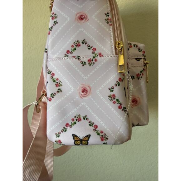 Pink Floral Roses Butterfly Pink Adjustable Straps Pocket Nylon Mini Backpack